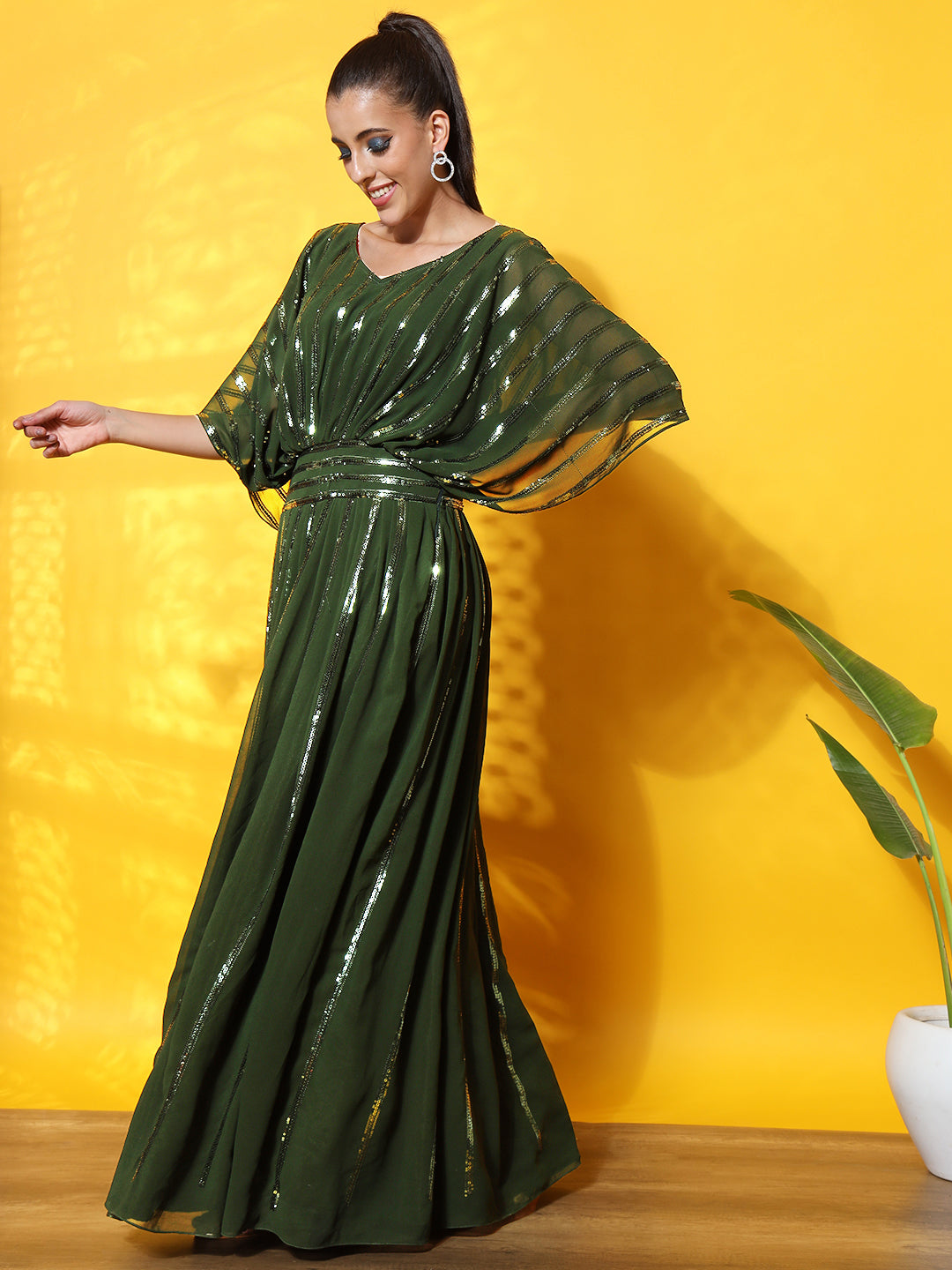 Green Sequence Stripes Embellished Georgette Gown Dress