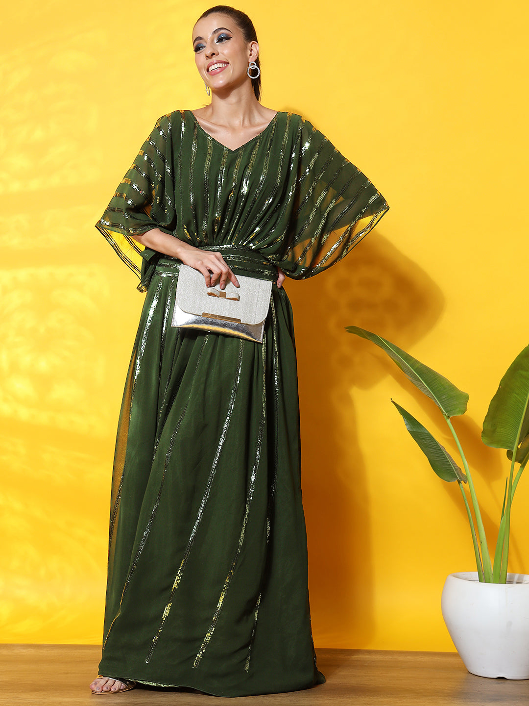 Green Sequence Stripes Embellished Georgette Gown Dress