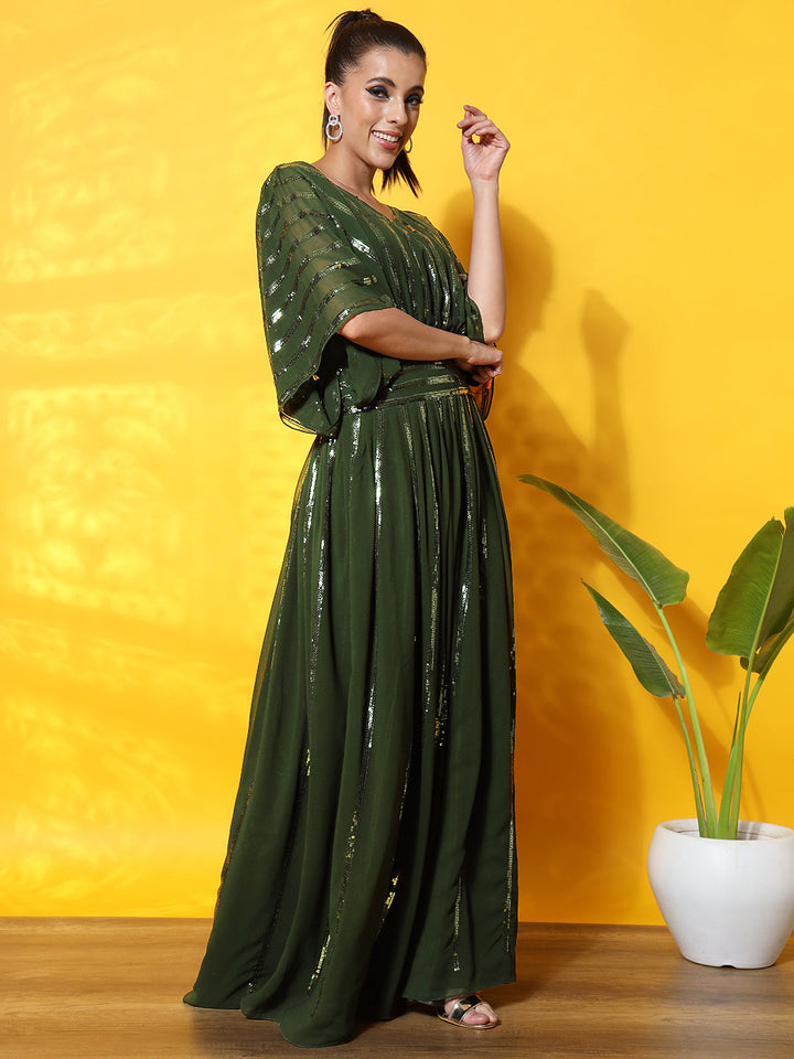 Green Sequence Stripes Embellished Georgette Gown Dress