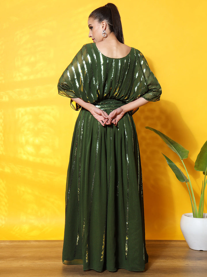 Green Sequence Stripes Embellished Georgette Gown Dress