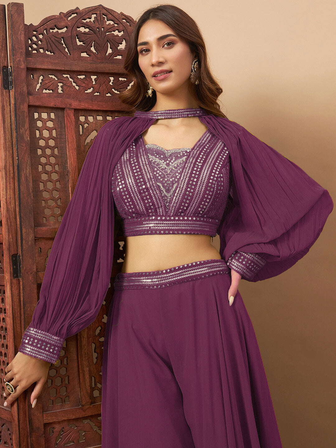 Chhabra 555 Sequin Embellished Crop-Top Palazzo Set with High neck Jasmine style Cape Sleeves 