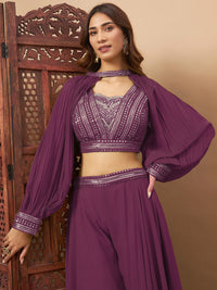 Chhabra 555 Sequin Embellished Crop-Top Palazzo Set with High neck Jasmine style Cape Sleeves 