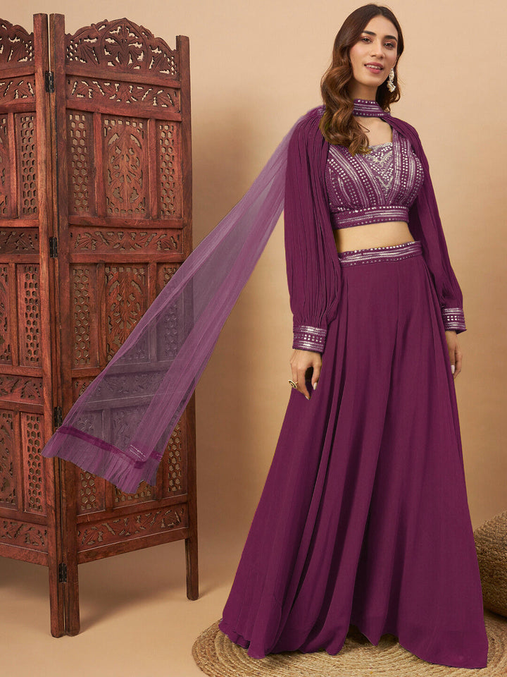 Sequin Embellished Crop-Top Palazzo Set with High neck Jasmine style Cape Sleeves