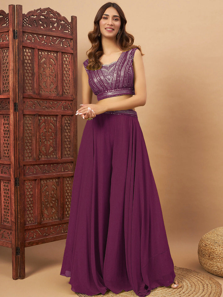 Sequin Embellished Crop-Top Palazzo Set with High neck Jasmine style Cape Sleeves