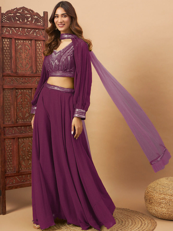 Sequin Embellished Crop-Top Palazzo Set with High neck Jasmine style Cape Sleeves