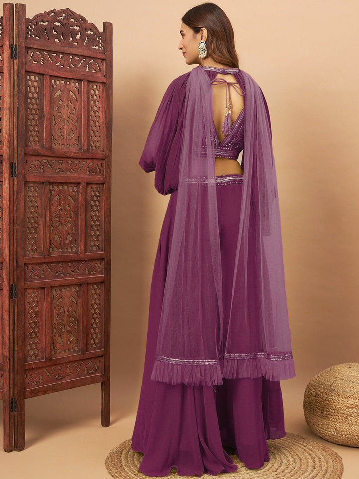 Sequin Embellished Crop-Top Palazzo Set with High neck Jasmine style Cape Sleeves