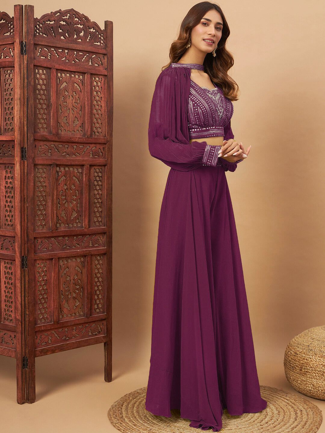 Sequin Embellished Crop-Top Palazzo Set with High neck Jasmine style Cape Sleeves