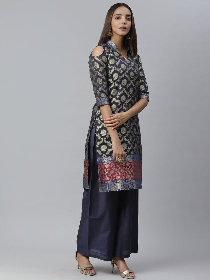 Handloom Chanderi Dress Material with Gold Floral Weave Pattern & Banarasi Duppatta