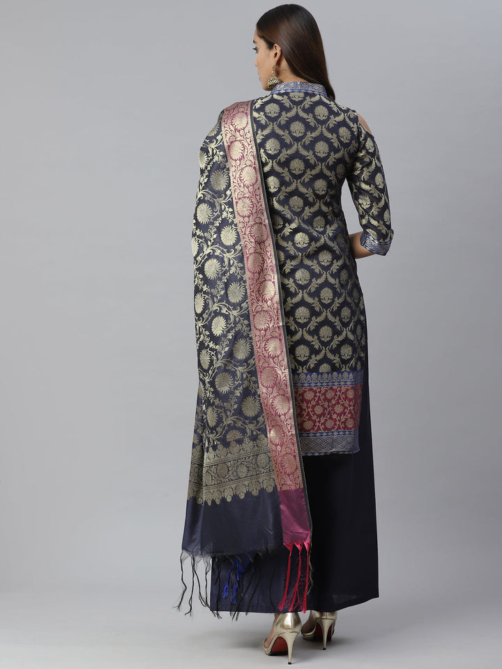 Handloom Chanderi Dress Material with Gold Floral Weave Pattern & Banarasi Duppatta