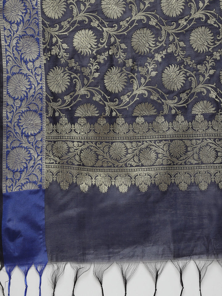 Handloom Chanderi Dress Material with Gold Floral Weave Pattern & Banarasi Duppatta