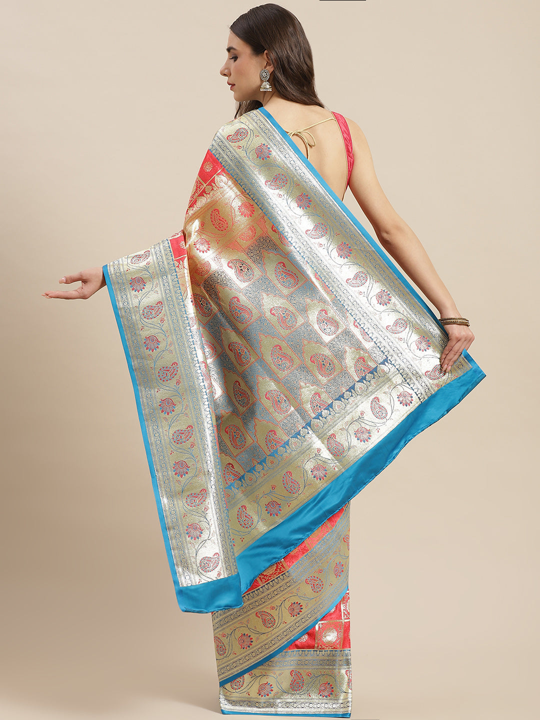 Coral Kanjeevaram Wedding Silk Saree With Gold Zari Gharchola Pattern