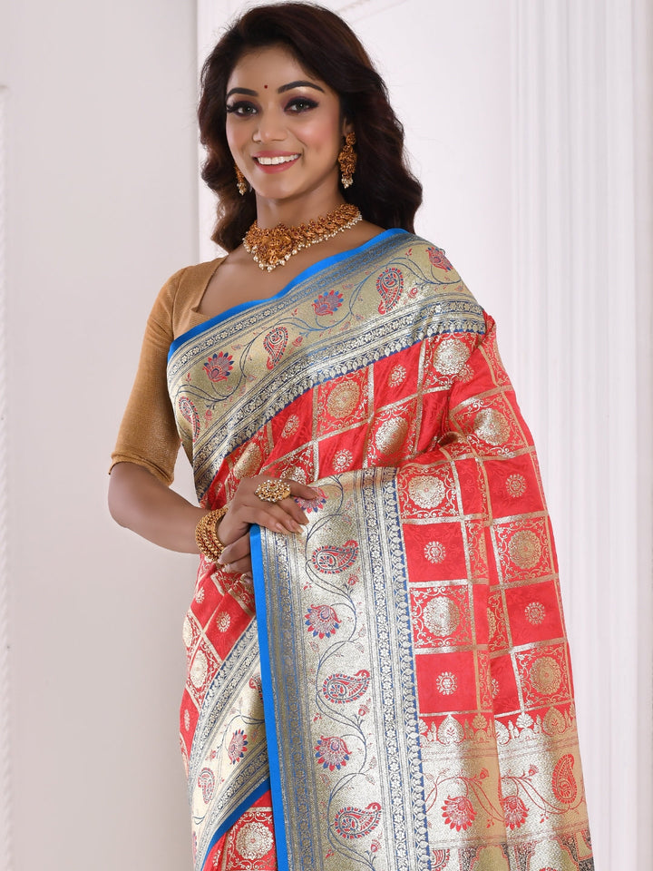 Coral & Fuchsia Woven Design Embroidered Silk Blend Kanjeevaram Saree