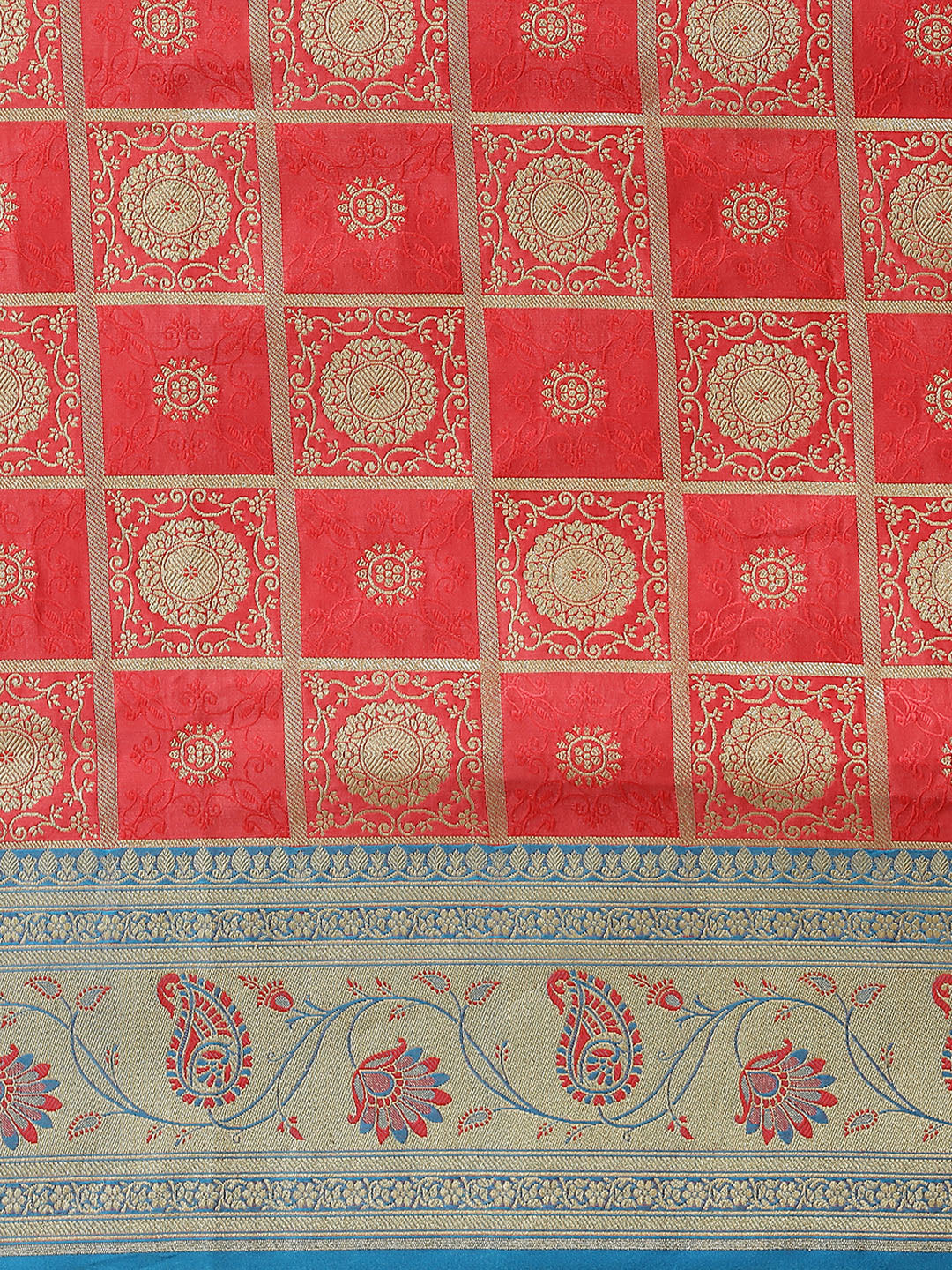 Coral Kanjeevaram Wedding Silk Saree With Gold Zari Gharchola Pattern