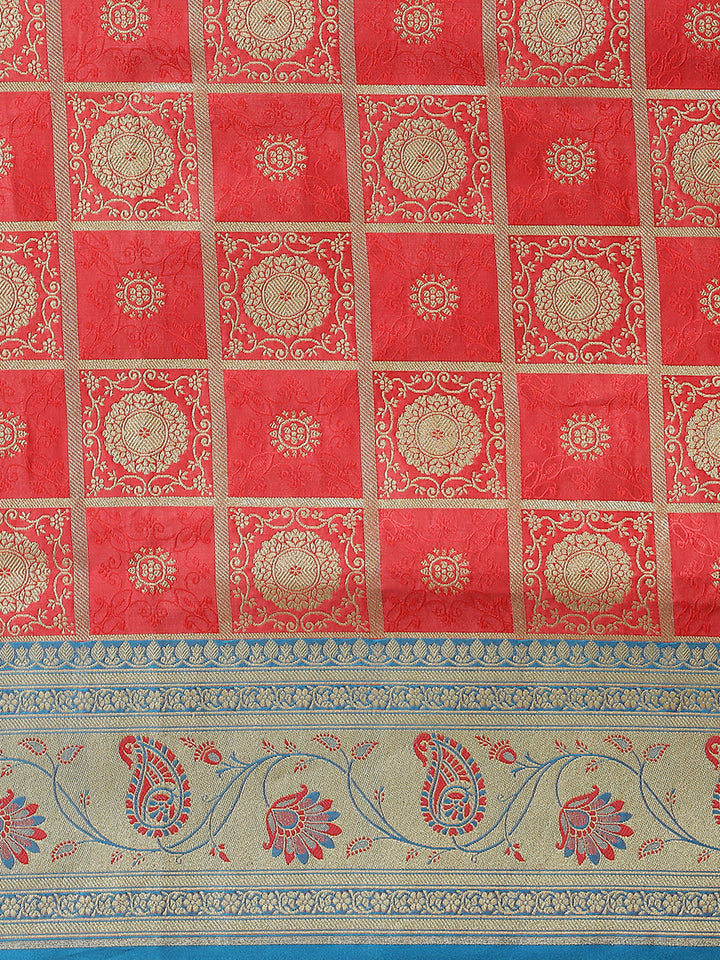 Coral Kanjeevaram Wedding Silk Saree With Gold Zari Gharchola Pattern