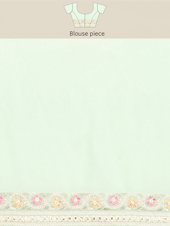 Pastel Green Georgette White Thread Floral Embroidered Ethnic Saree