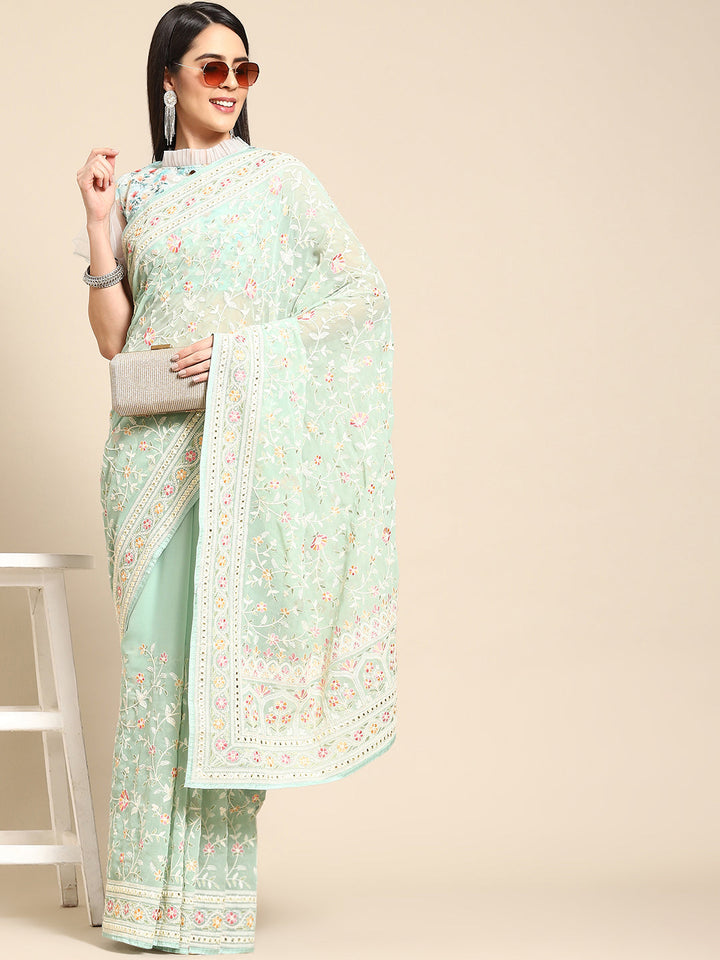 Pastel Green Georgette White Thread Floral Embroidered Ethnic Saree