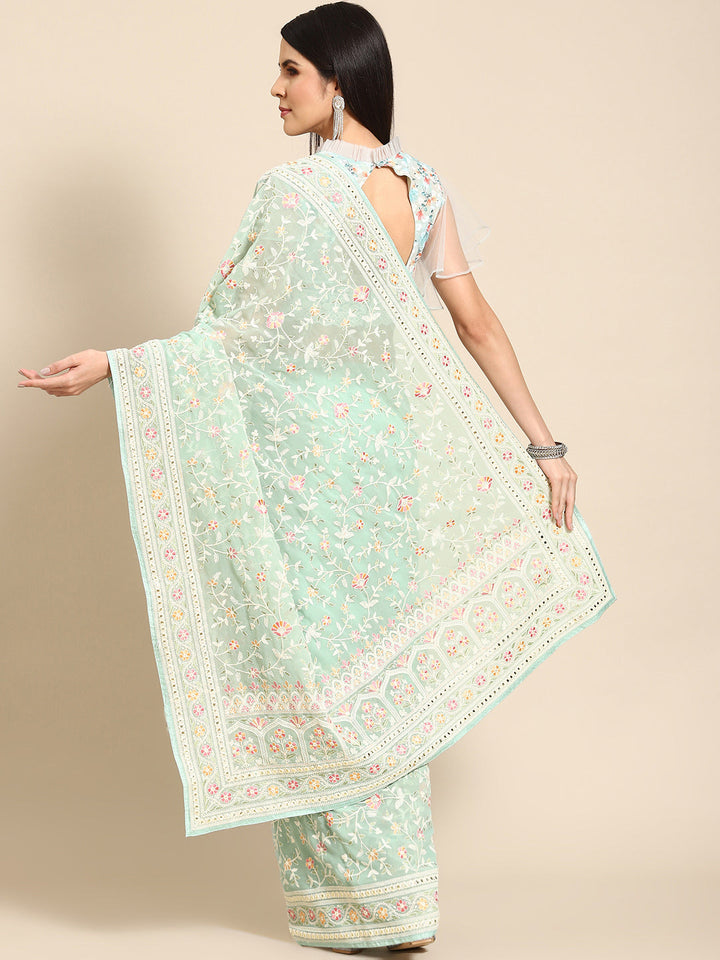 Pastel Green Georgette White Thread Floral Embroidered Ethnic Saree