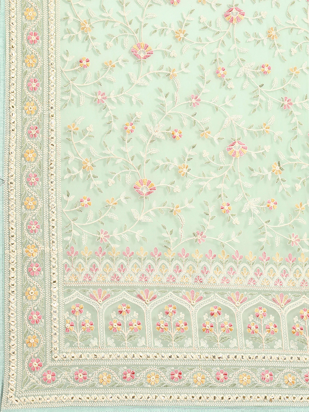 Pastel Green Georgette White Thread Floral Embroidered Ethnic Saree