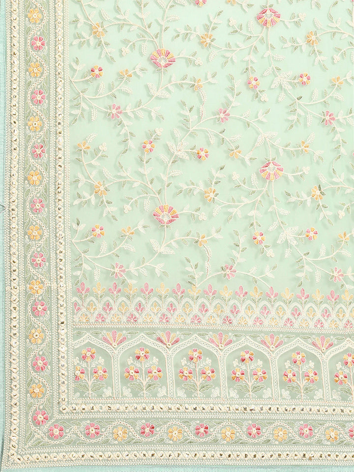 Pastel Green Georgette White Thread Floral Embroidered Ethnic Saree