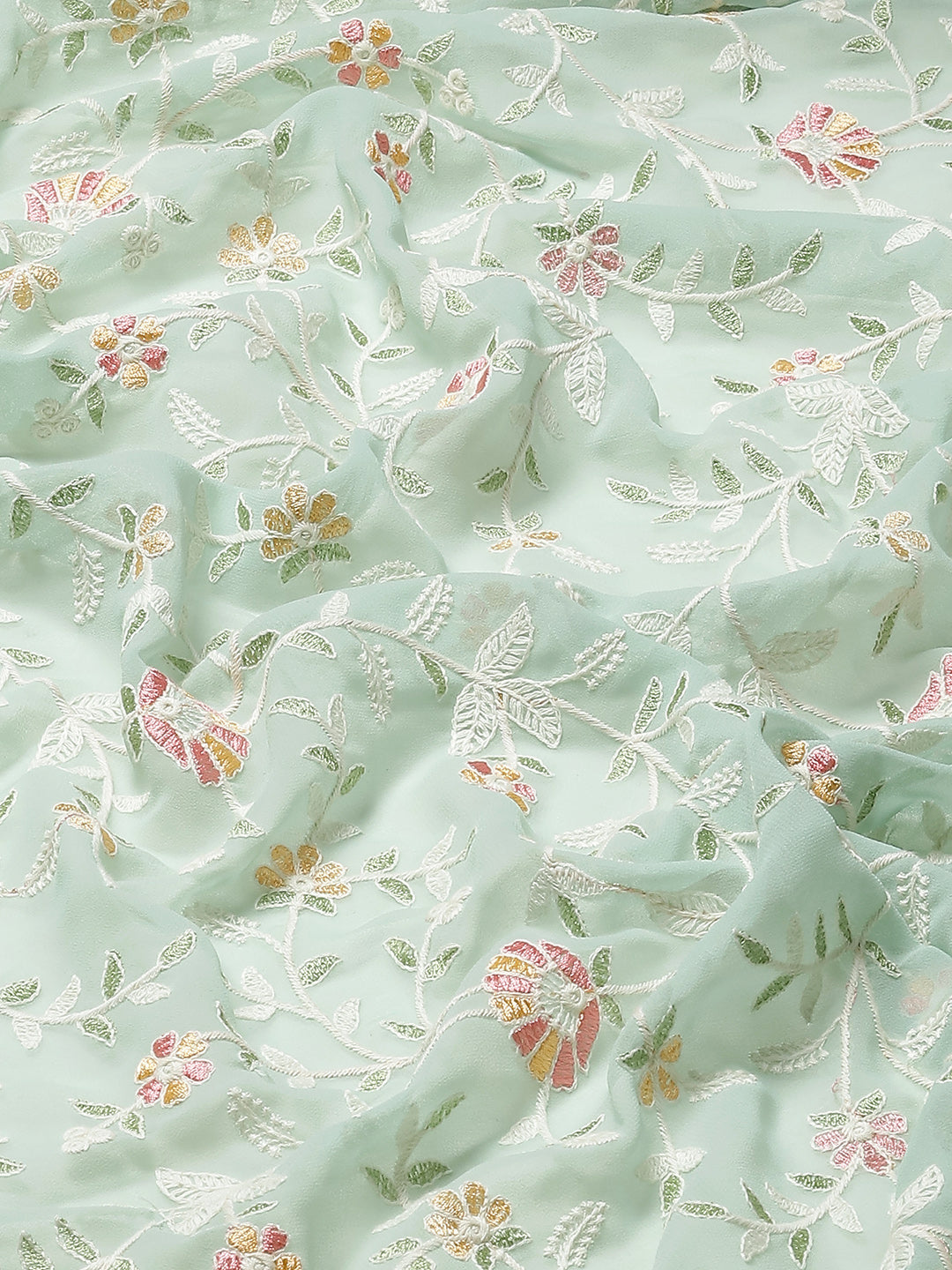 Pastel Green Georgette White Thread Floral Embroidered Ethnic Saree