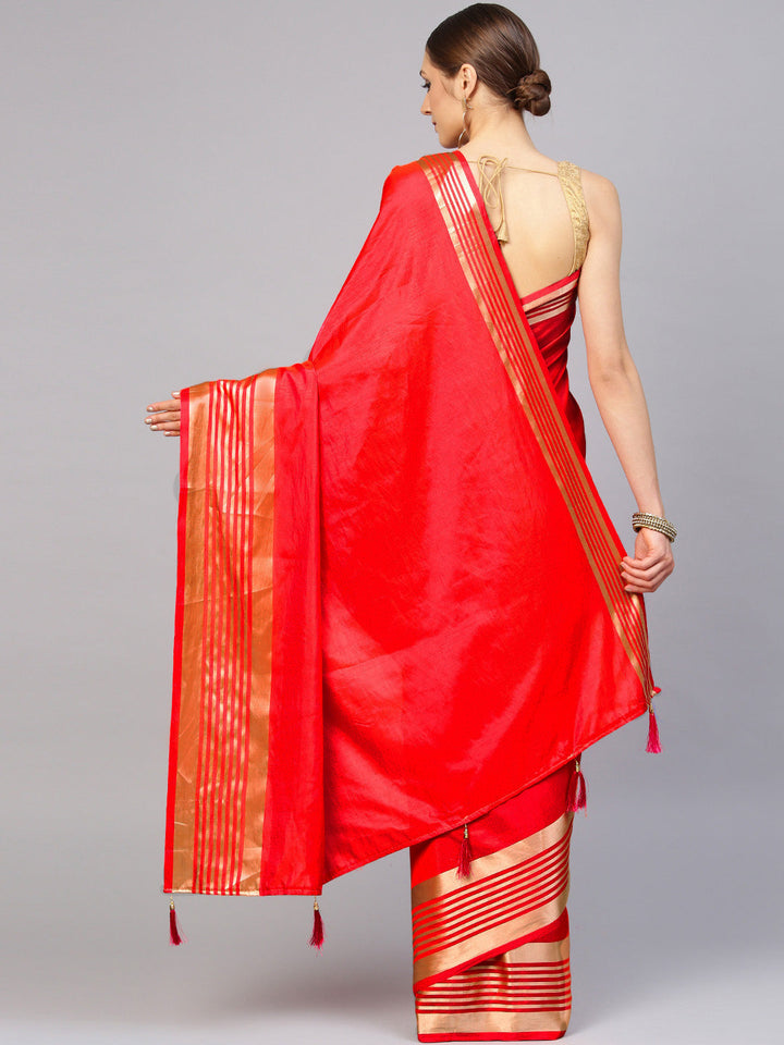 Red Satin Silk Saree with zari woven striped pattern and contrast Brocade blouse