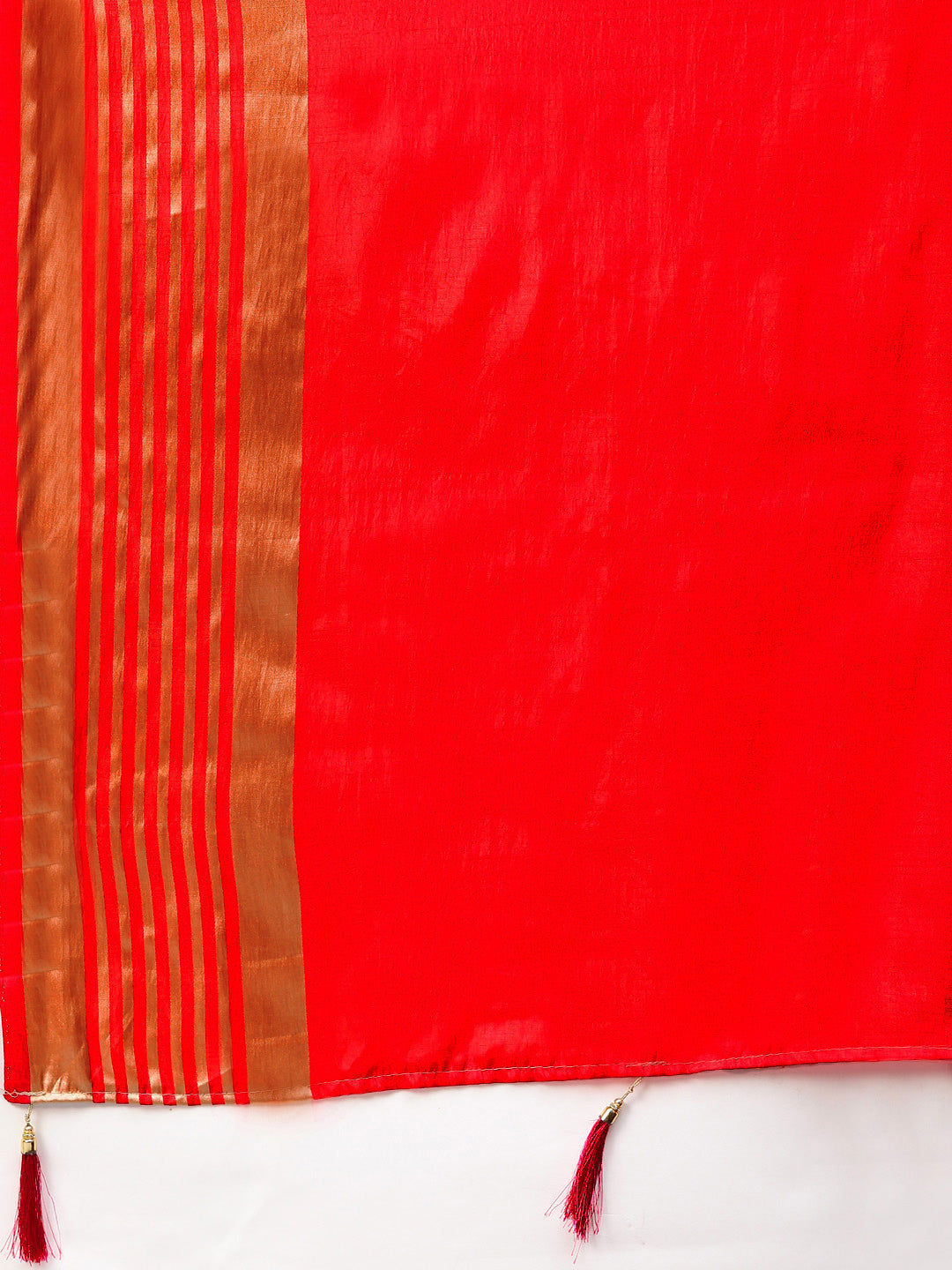 Red Satin Silk Saree with zari woven striped pattern and contrast Brocade blouse
