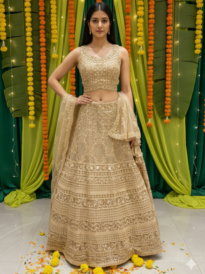 Heavy Resham Embroidered & Sequin Bling Net Lehenga with Waist Belt Cut-out Blouse