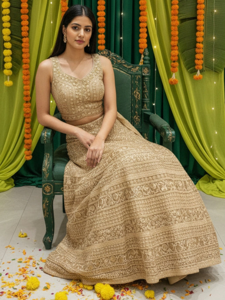 Heavy Resham Embroidered & Sequin Bling Net Lehenga with Waist Belt Cut-out Blouse