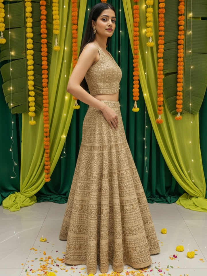 Heavy Resham Embroidered & Sequin Bling Net Lehenga with Waist Belt Cut-out Blouse
