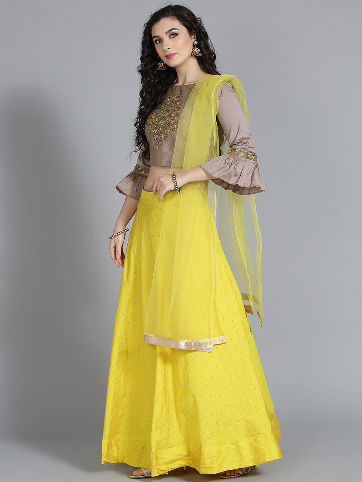 Silk Crop Top Lehenga with Thread emroidery and Bell Sleeves