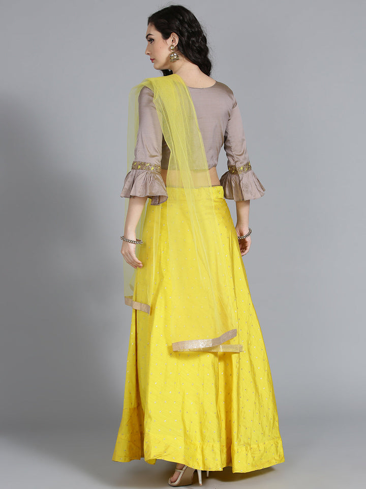 Silk Crop Top Lehenga with Thread emroidery and Bell Sleeves