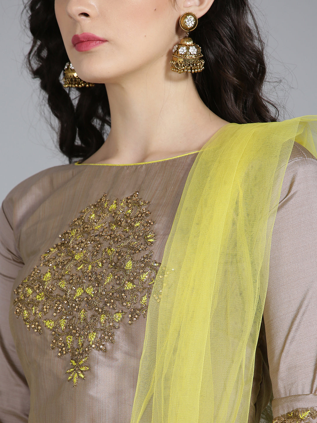 Silk Crop Top Lehenga with Thread emroidery and Bell Sleeves