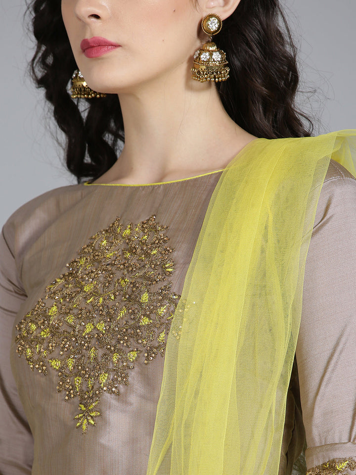 Silk Crop Top Lehenga with Thread emroidery and Bell Sleeves