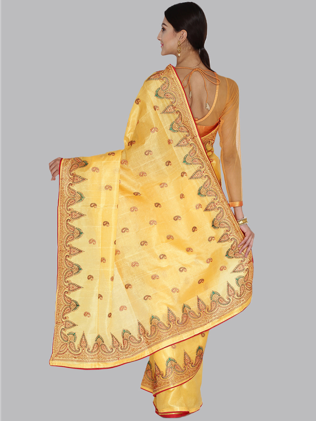Lemon yellow Tussar Silk Saree with Resham Embroidery