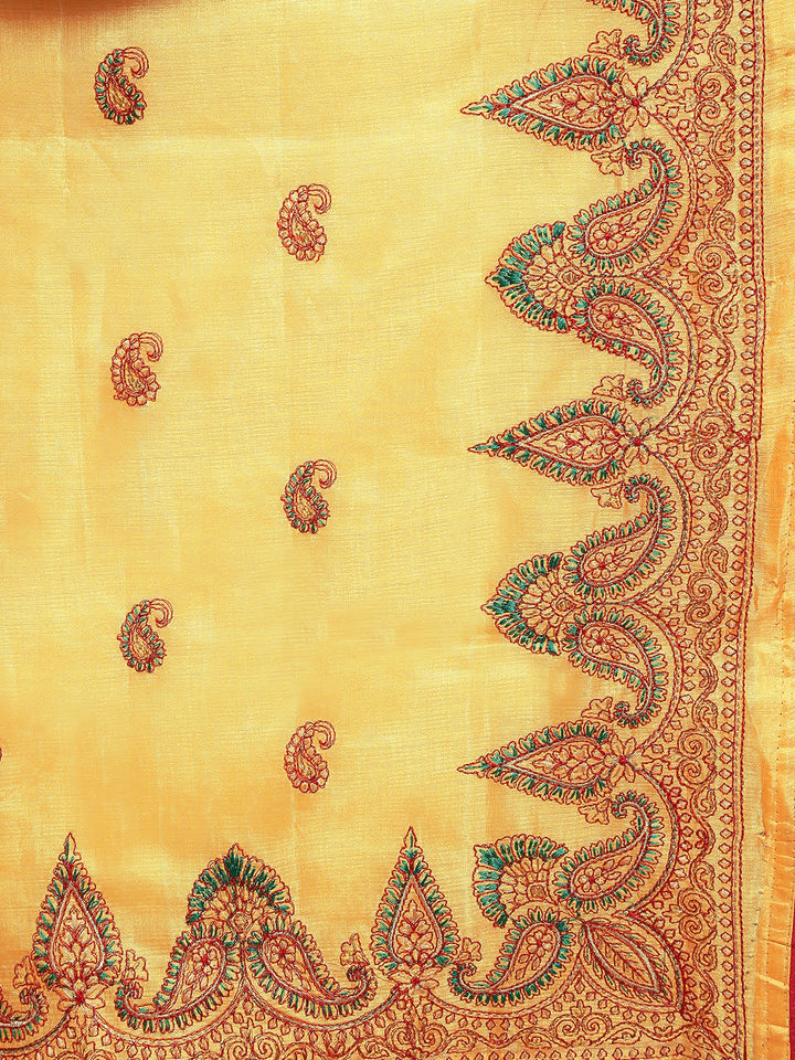 Lemon yellow Tussar Silk Saree with Resham Embroidery