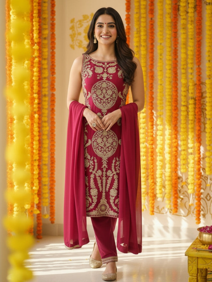 Mughal Inspired Straight Kurta Pant Set with Heavy Golden Zari & Sequin Embroidery