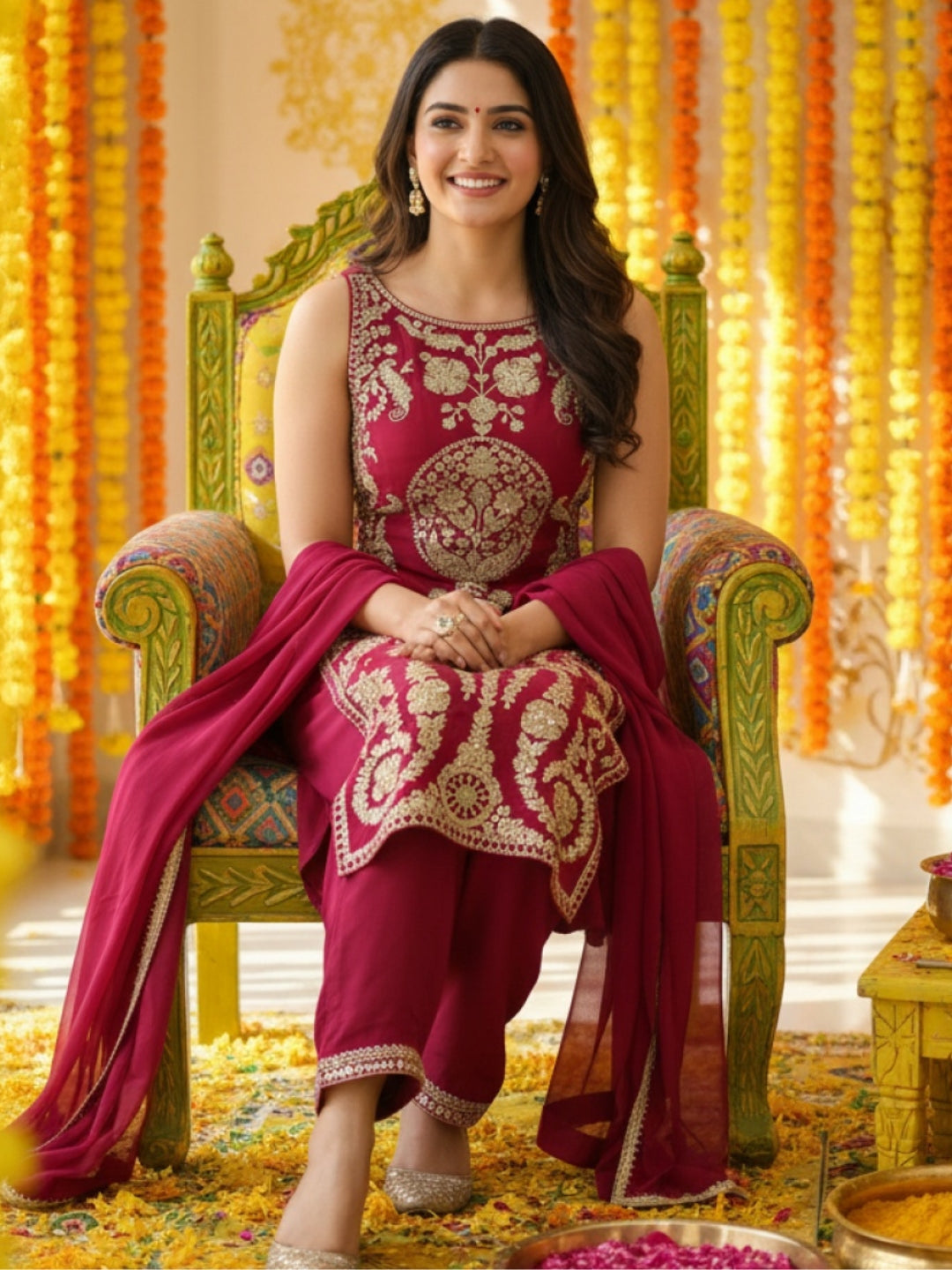 Mughal Inspired Straight Kurta Pant Set with Heavy Golden Zari & Sequin Embroidery