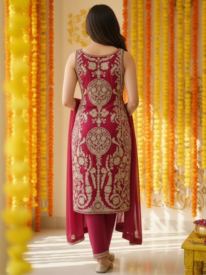 Mughal Inspired Straight Kurta Pant Set with Heavy Golden Zari & Sequin Embroidery