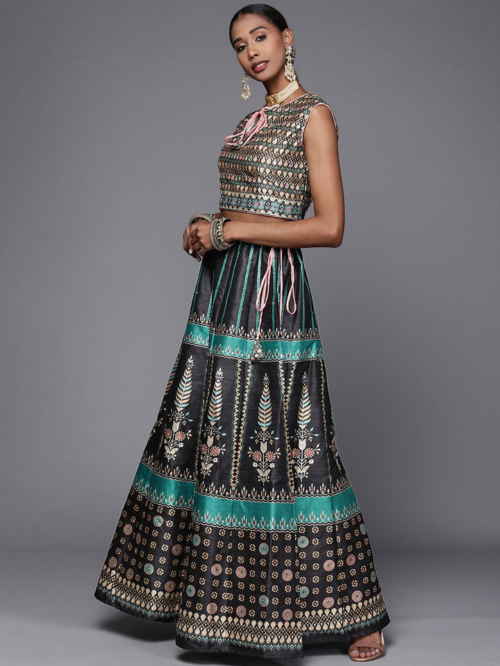 Black Crop Top Lehenga Set with Mirror & Digital Print