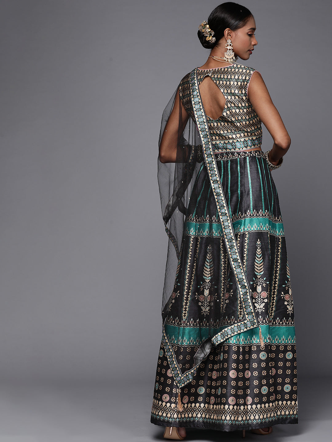 Black Crop Top Lehenga Set with Mirror & Digital Print