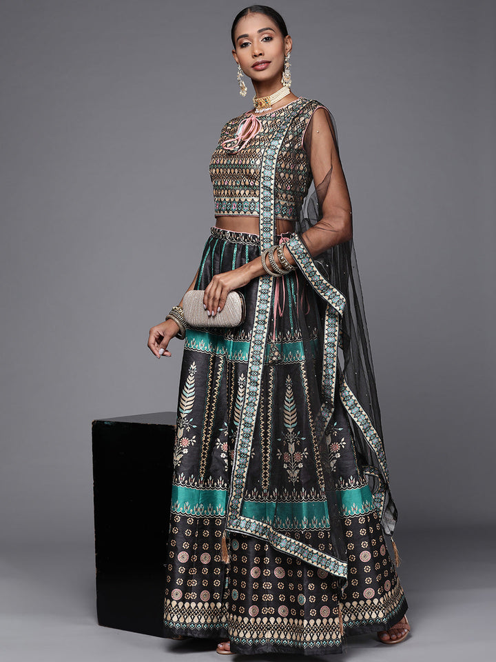 Black Crop Top Lehenga Set with Mirror & Digital Print