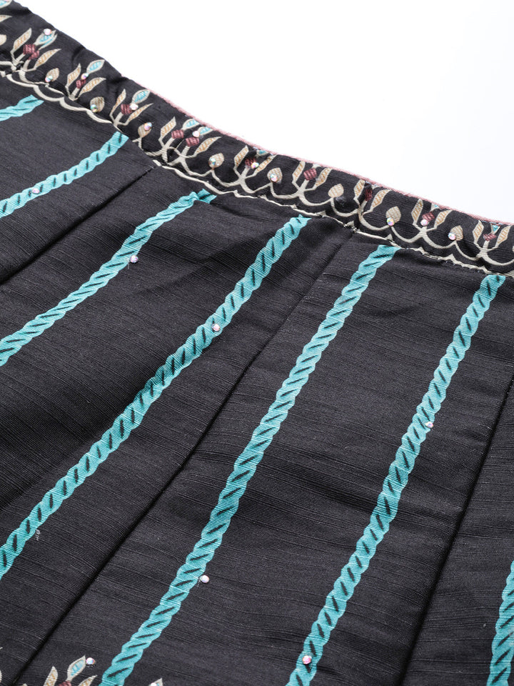 Black Crop Top Lehenga Set with Mirror & Digital Print