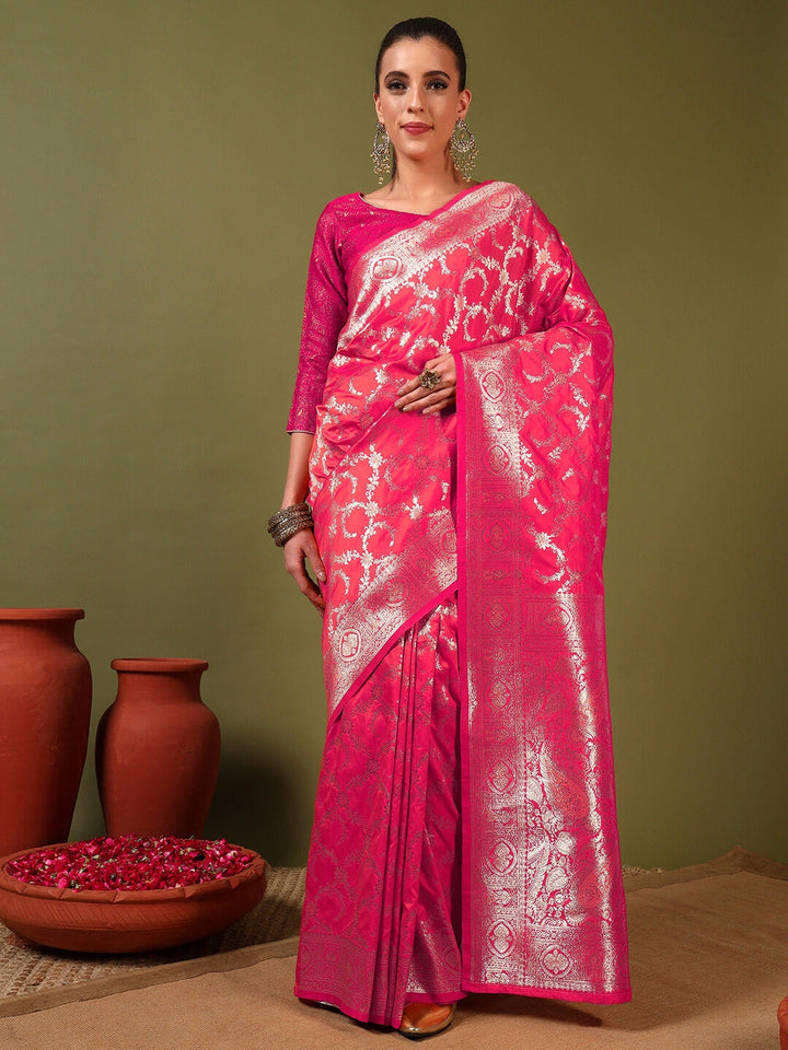 Banarasi Intricate Floral Motifs Zari Hand Woven Traditional Handloom Satin Silk Saree