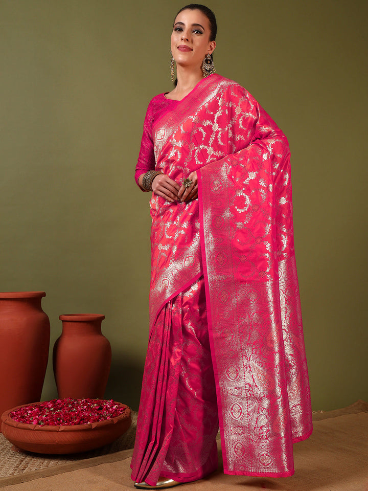 Banarasi Intricate Floral Motifs Zari Hand Woven Traditional Handloom Satin Silk Saree