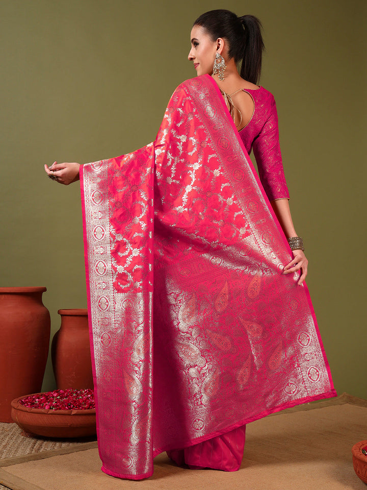 Banarasi Intricate Floral Motifs Zari Hand Woven Traditional Handloom Satin Silk Saree