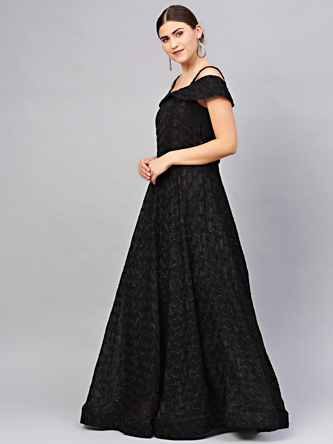 Black Off=shoulder Cocktail Gown with Dupatta