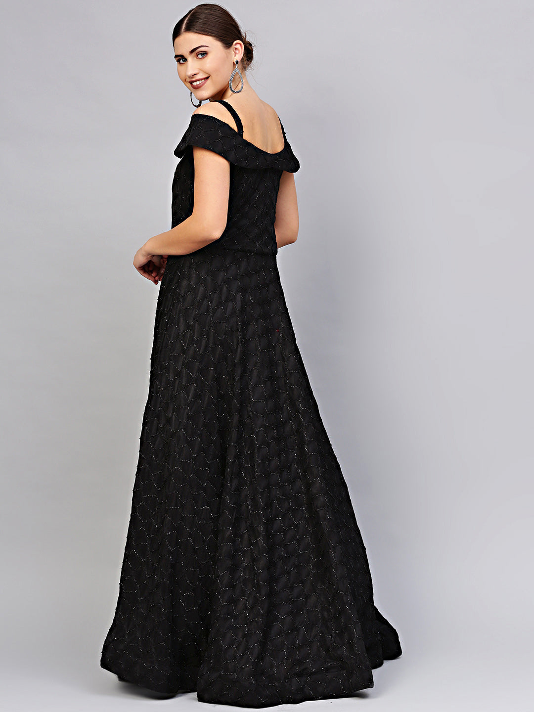 Black Off=shoulder Cocktail Gown with Dupatta