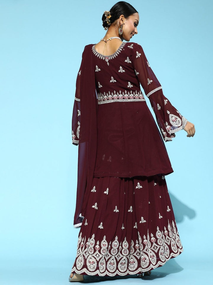 Georgette Ari Work Lehanga Set With Peplum Style Kurta