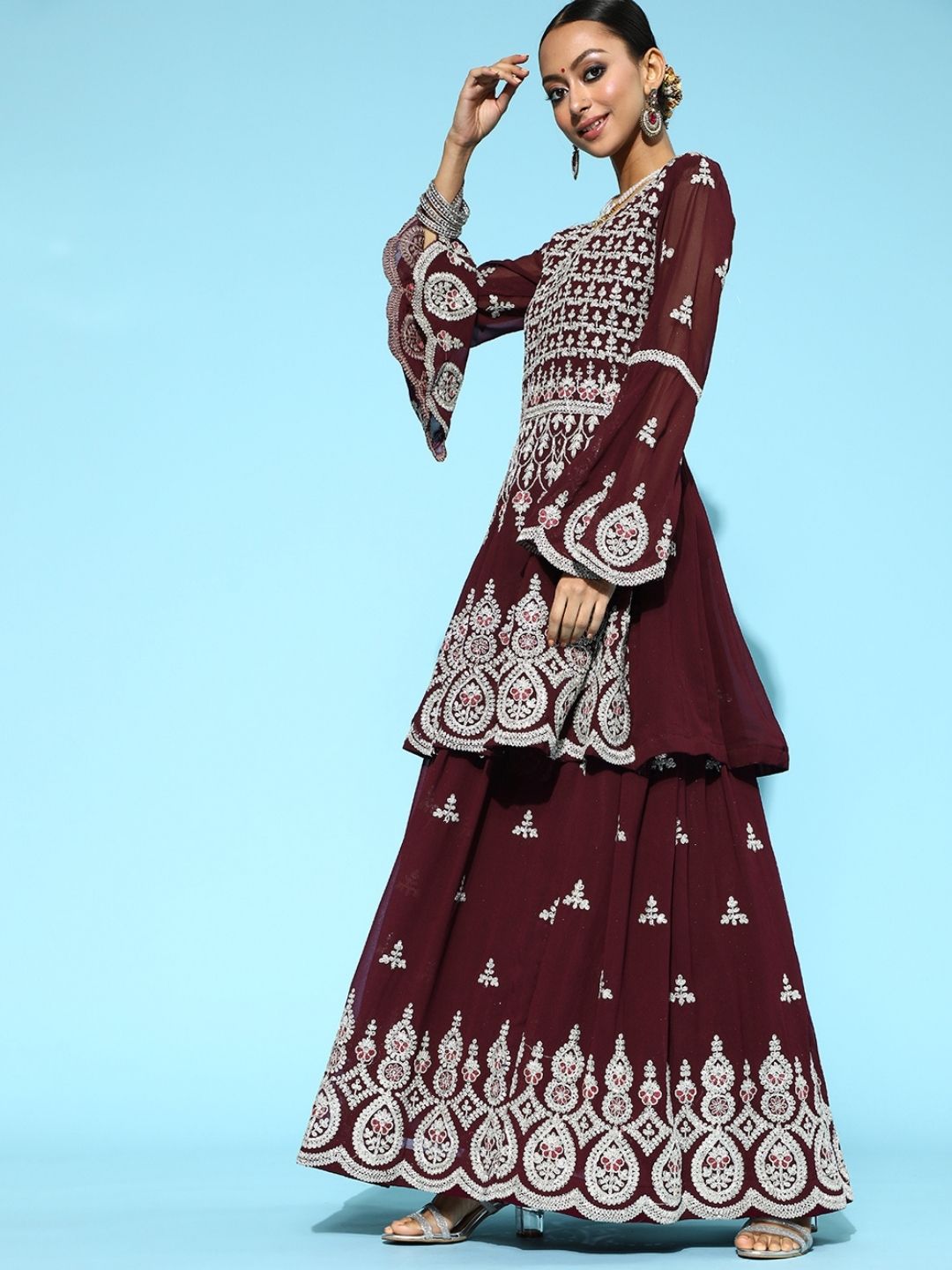 Georgette Ari Work Lehanga Set With Peplum Style Kurta