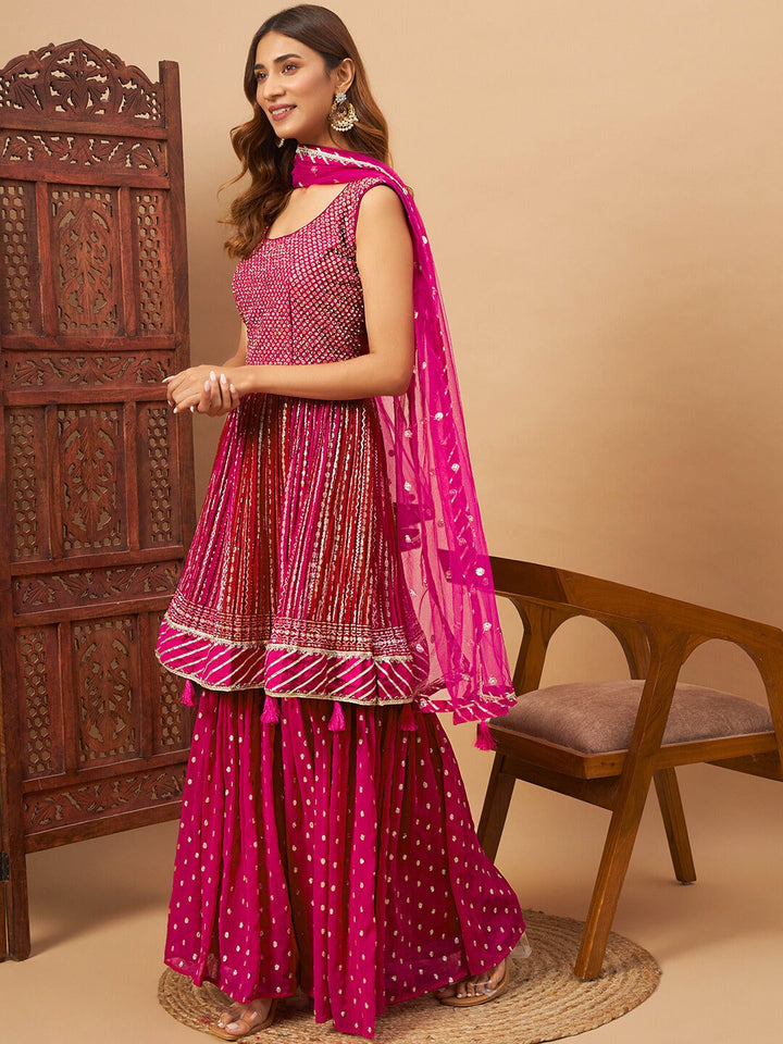 Peplum Georgette Kurta Sharara Set with Ombre Sequinned Kalis & Gota Patti Embroidery